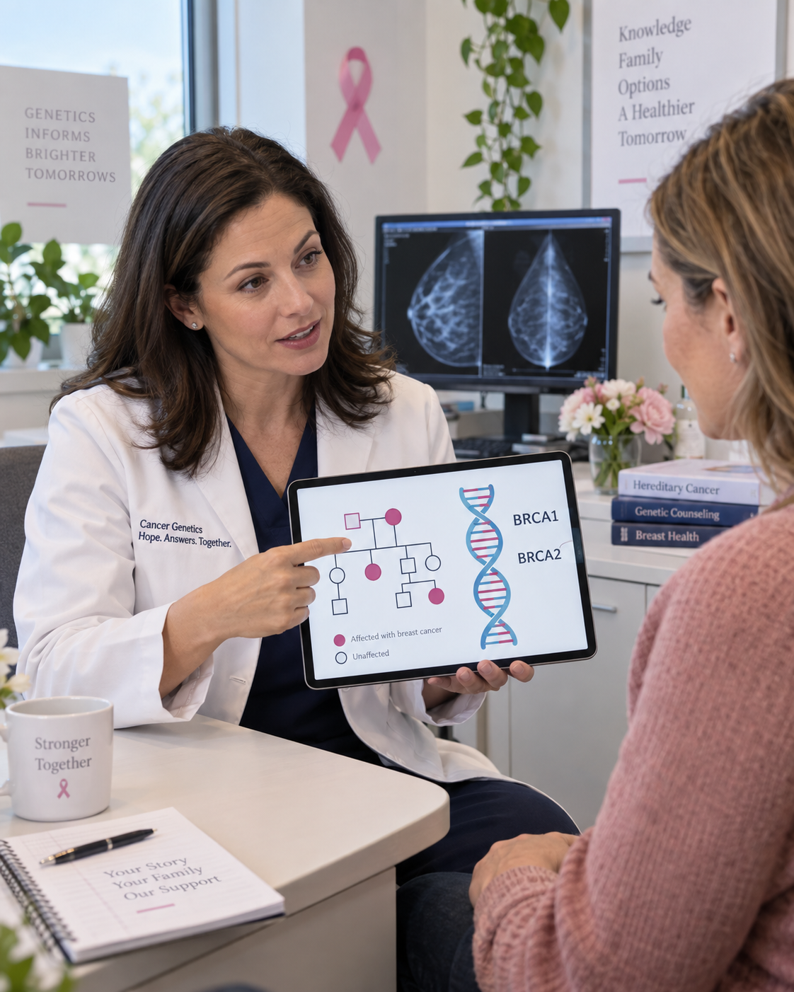 médica explicando com o câncer de mama pode ser hereditário